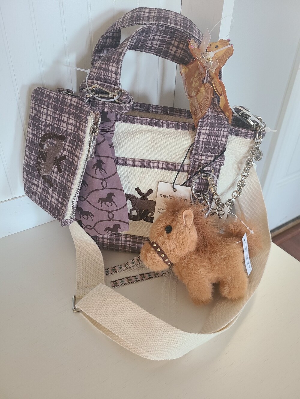 Madden Girl Brown Plaid Horse Canvas Tote